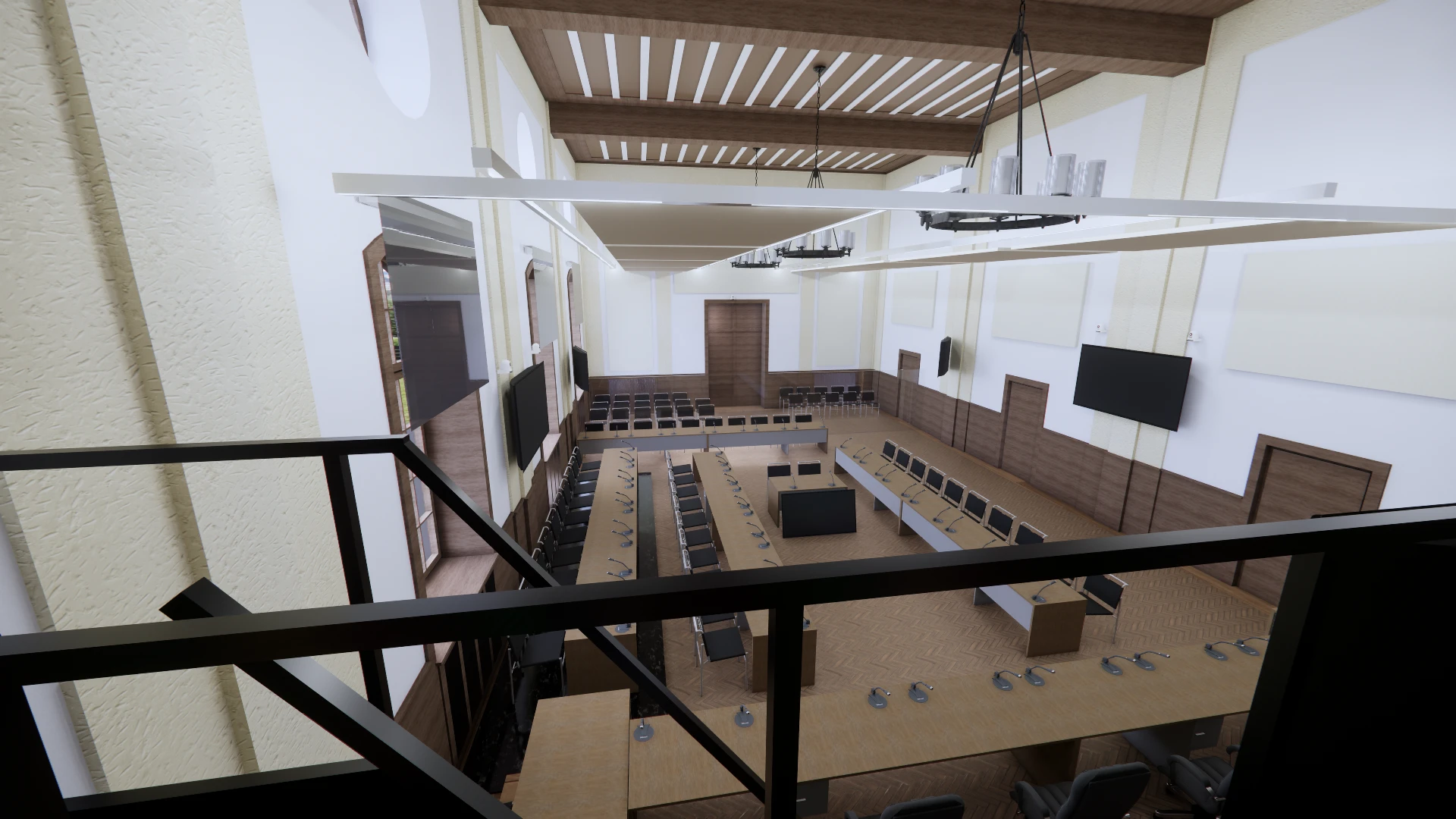 3D-Rendering des Sitzungssaals von der Empore aus mit installierten Akustikmaßnahmen