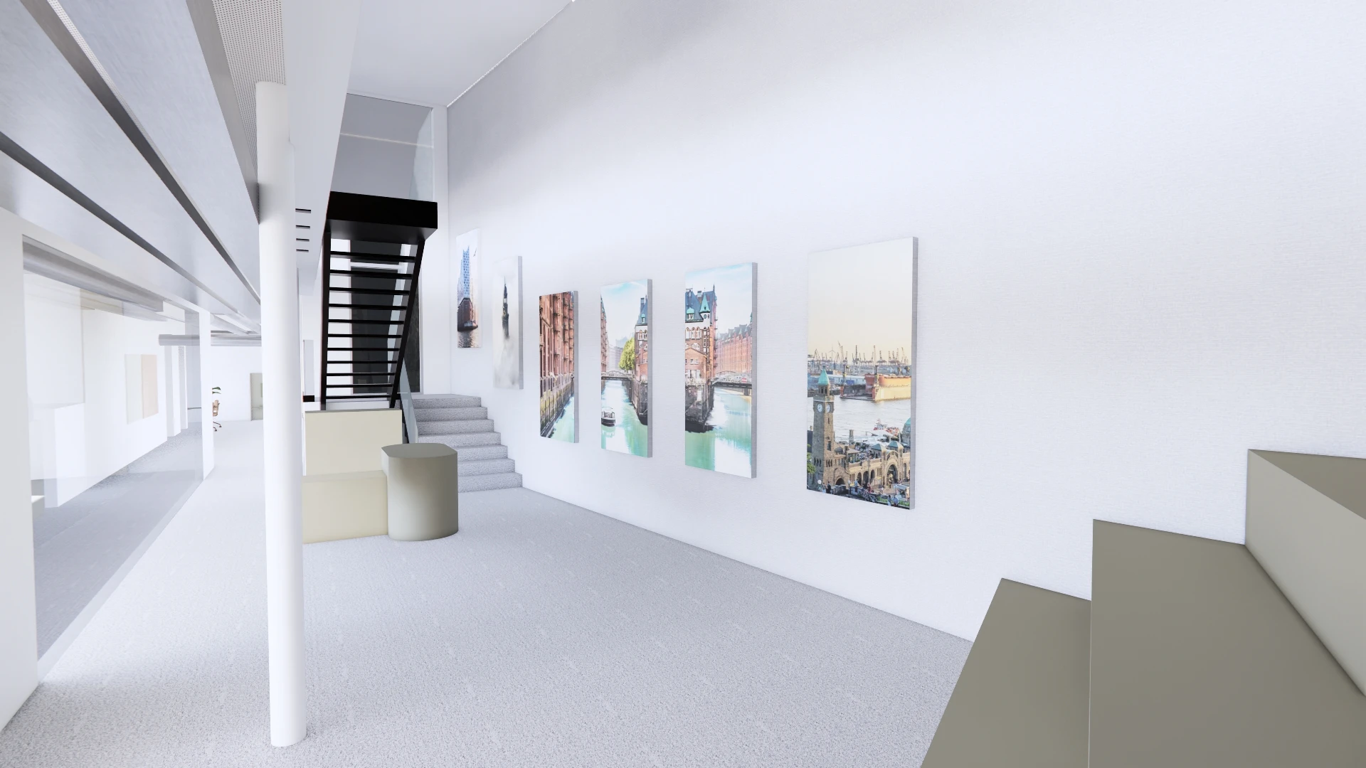 3D-Rendering des Coworking-Foyers mit geplanten Akustikelementen
