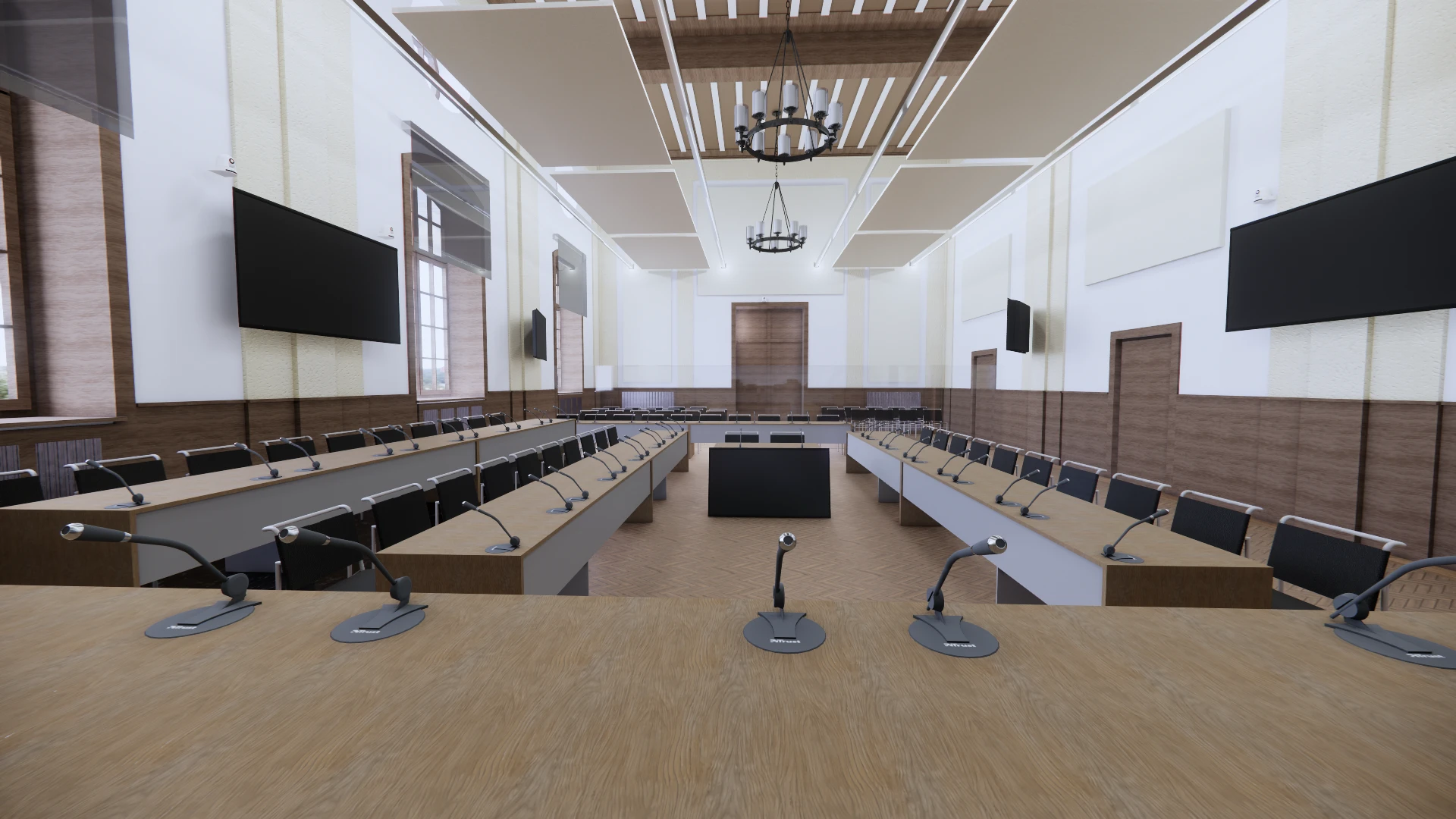 3D-Rendering aus Sicht des Richtertisches mit akustisch wirksamen Wand- und Deckenelementen