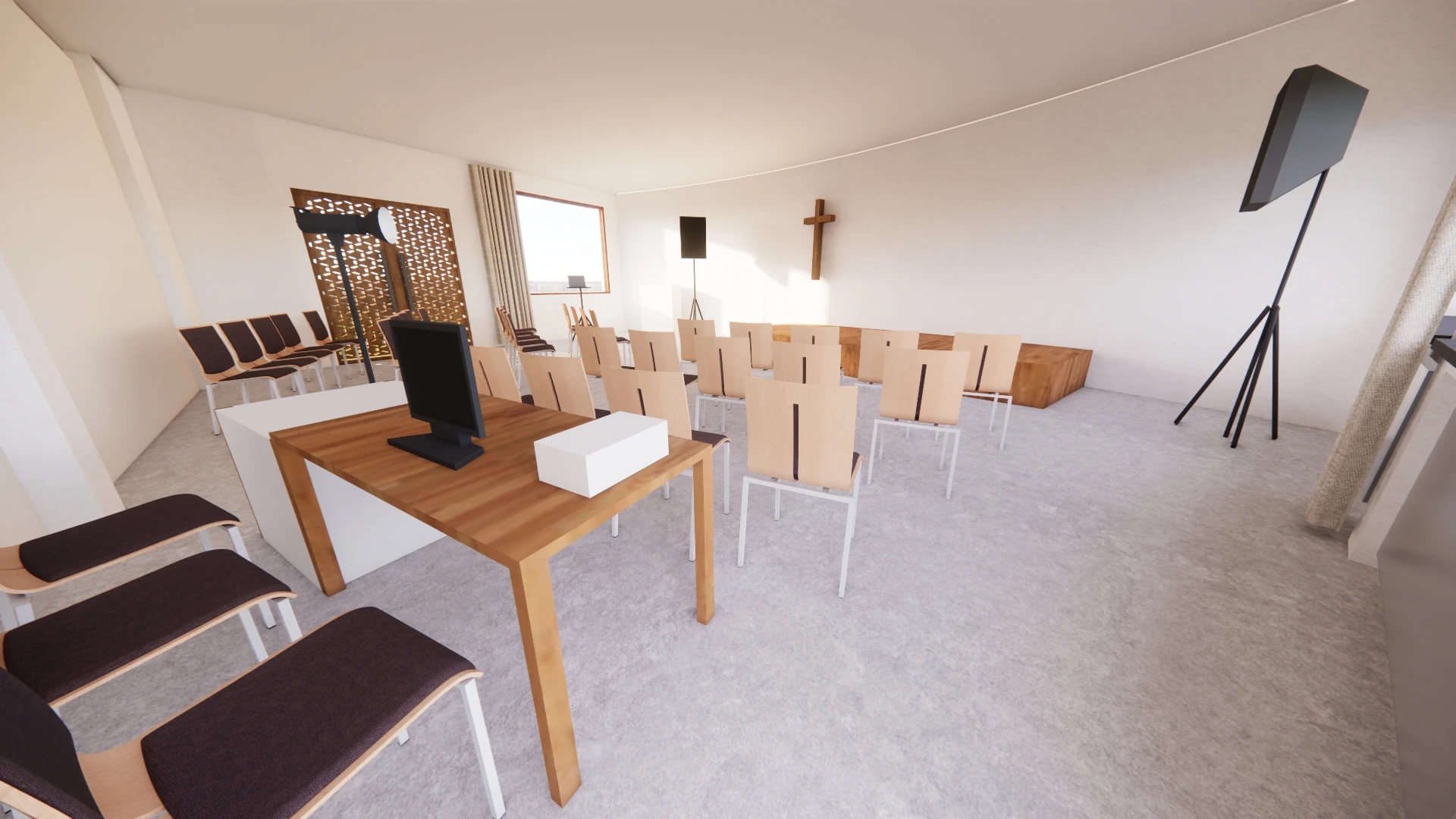 3D-Visualisierung des hinteren Gemeindesaal-Bereichs mit Wandabsorbern