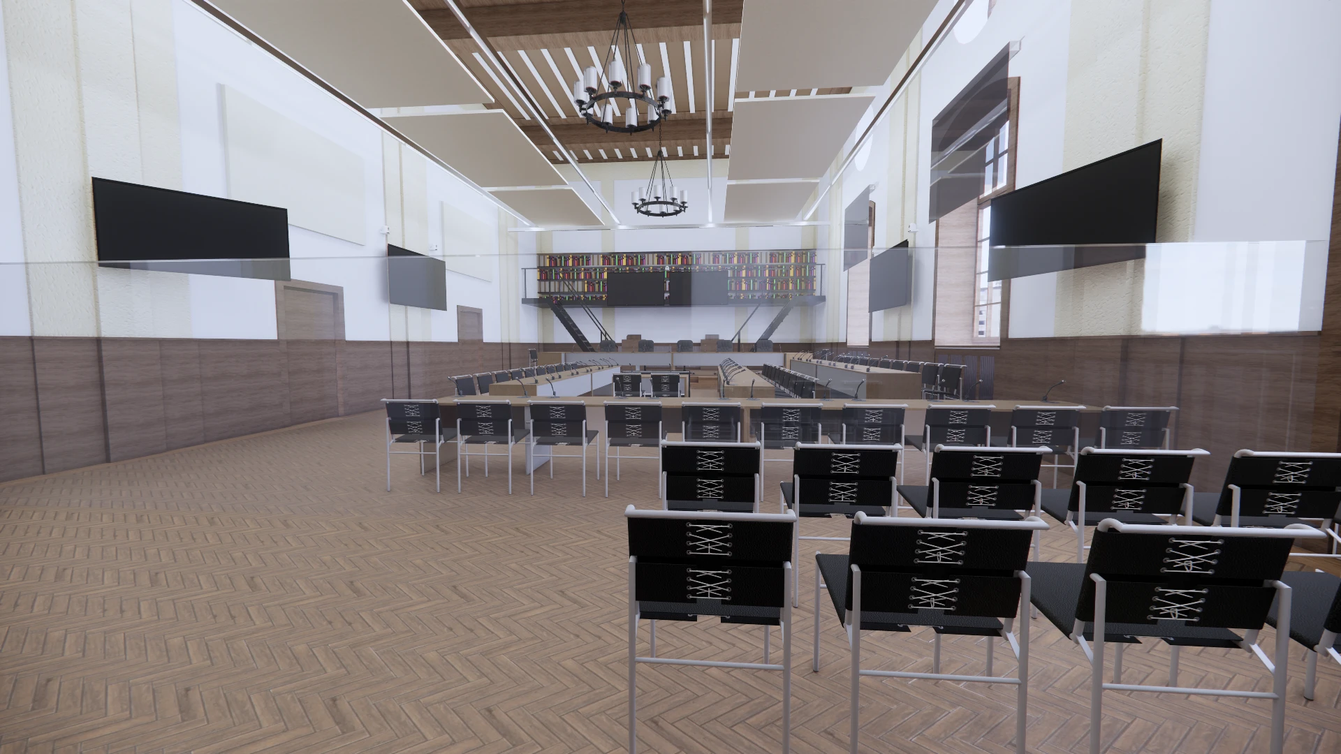 3D-Rendering aus Zuschauerperspektive — Akustiksanierung integriert in den historischen Raum