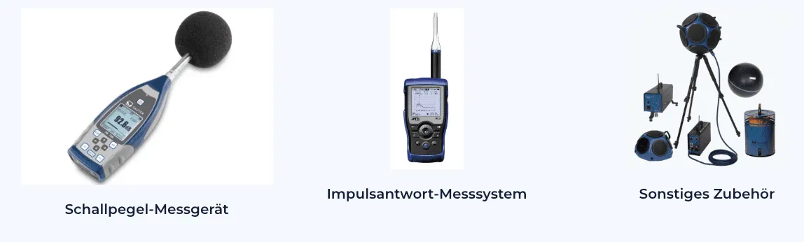Übersicht der Messinstrumente für die Raumakustik: Schallpegel-Messgerät, Impulsantwort-Messsystem und sonstiges Zubehör